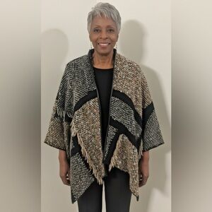 CHICO'S Open 3/4 Sleeve Fringe Patchwork Cardigan Faux Leather Trim Sz 0 or S